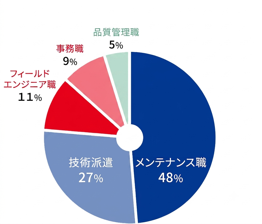メンテナンス職:48%,技術派遣:27%,フィールドエンジニア職:11%,事務職:9%,品質管理職:5%